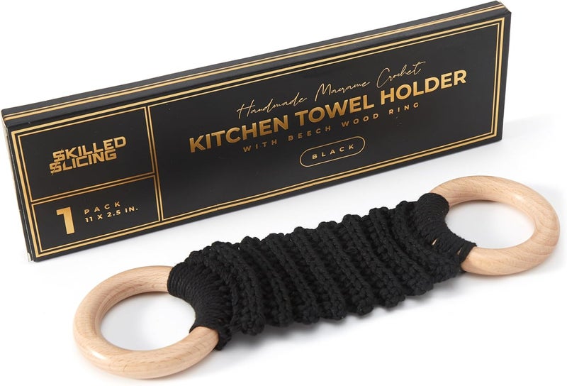 SKILLEDSLICING Handmade Crochet Dish Towel Holder for Kitchen & Bathroom, Decorative Boho Macrame Kitchen Towel Hanger Loop Ring Makes a Unique Gift for Birthday Thanksgiving Day 11 Inches (Black) - Image 1